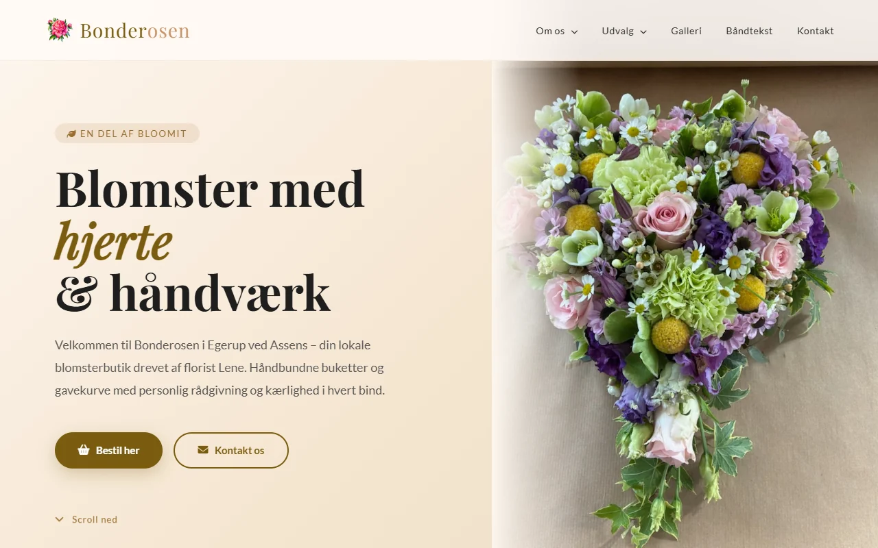 Forsiden af Bonderosens hjemmeside med blomster og online bestilling