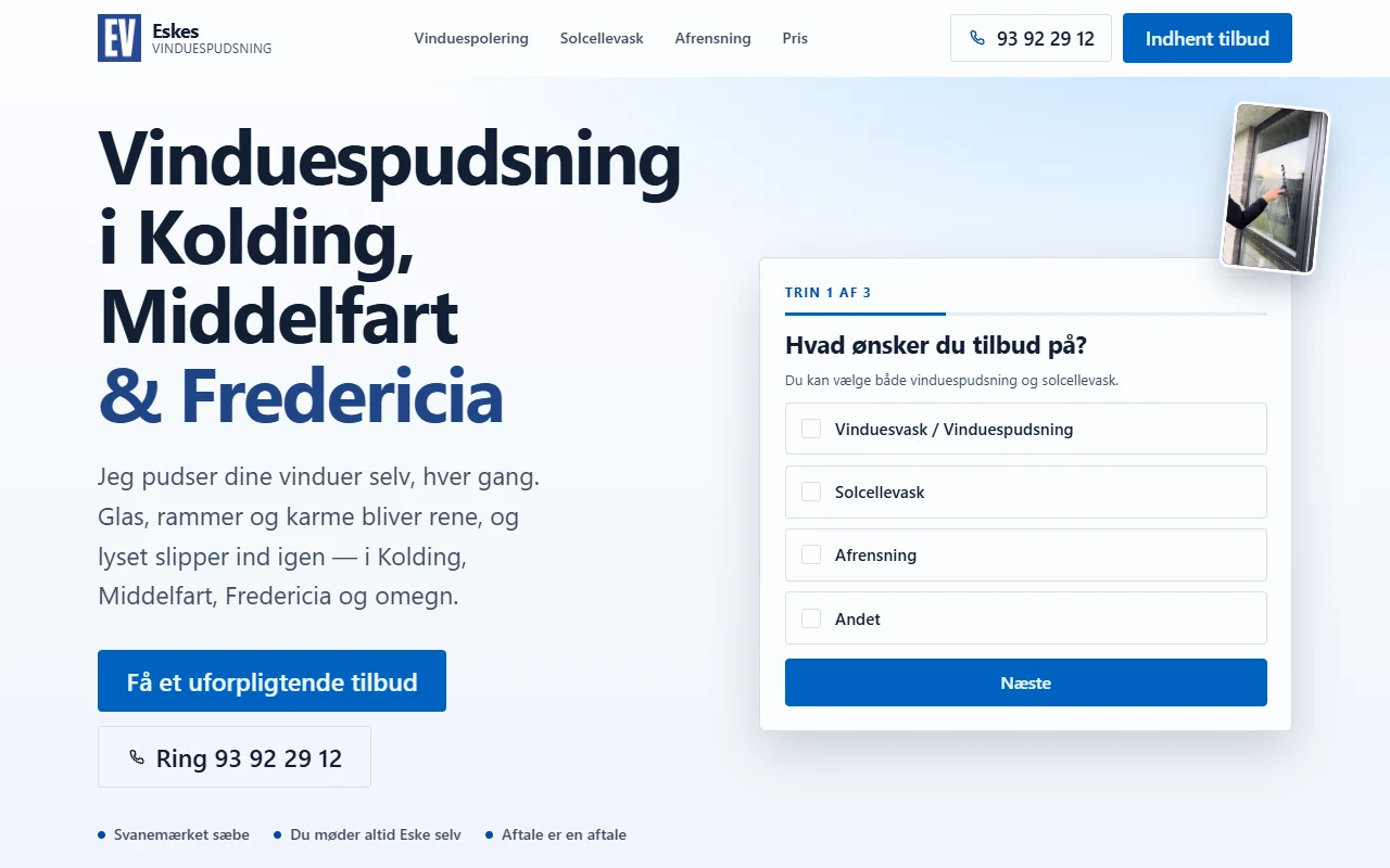 Eskes Vinduespudsnings hjemmeside med ydelser og mulighed for tilbud